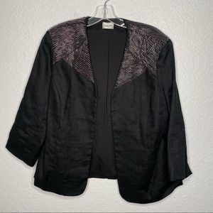 Chico’s Linen Black Open Front Blazer Metal Detail